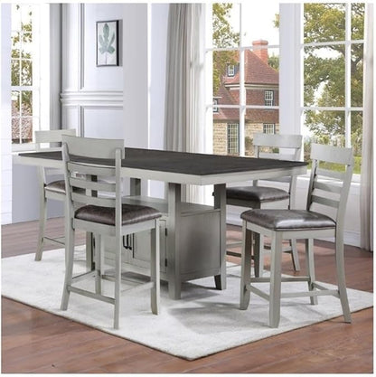 BOWERY HILL 5-Piece Counter Height Dining Set, Extendable Table with Storage and 4 Upholstered Chairs, Stone Gray Finish, Mocha Slate Top, Asian Hardwood and Acacia Veneer, Casual Kitchen or Dining