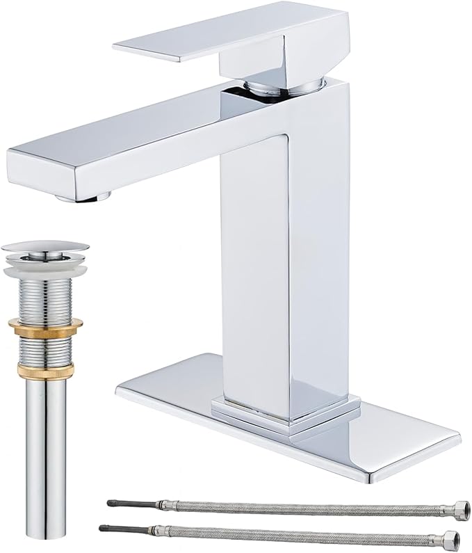 AVSIILE Chrome Bathroom Faucet, Single Hole Vanity Bath Faucet, Single Handle Modern Stainless Steel Bathroom Faucets for Sink 1 Hole with Pop Up Drain Stopper & Water Supply Hoses