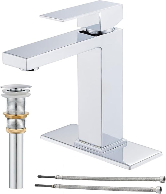 AVSIILE Chrome Bathroom Faucet, Single Hole Vanity Bath Faucet, Single Handle Modern Stainless Steel Bathroom Faucets for Sink 1 Hole with Pop Up Drain Stopper & Water Supply Hoses