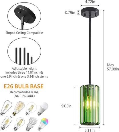 Modern Crystal Pendant Light Mini Dark Green Chandeliers Adjustable Pendant Lights Fixture for Kitchen Island Dinning Room Corridor Bedroom(Dark Green 2-Pack)