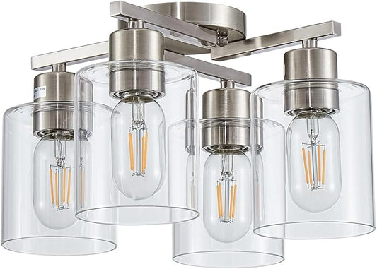 Semi Flush Mount Ceiling Light Kitchen Lighting Fixtures Ceiling Brushed Nickel Kitchen Cieling Light Fixtures with Clear Glass Shade for Dining Room Bedroom Living Room Hallway E26 Scoket