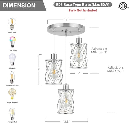 Refice 3-Light Pendant Lights Kitchen Island, Brushed Nickel Kitchen Cluster Hanging Pendant Lights with Clear Glass, Modern Cage Chandelier Light Fixture for Sink Dining Room Bedroom Bar