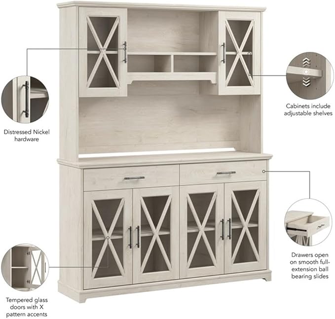 Bush Furniture Lennox 60W Farmhouse Sideboard Buffet Cabinet with Hutch in Linen White Oak | Storage Credenza for Dining Room or Kitchen Area