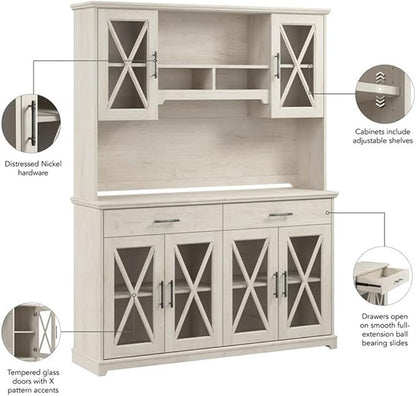 Bush Furniture Lennox 60W Farmhouse Sideboard Buffet Cabinet with Hutch in Linen White Oak | Storage Credenza for Dining Room or Kitchen Area