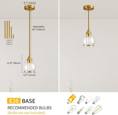 1-Piece Gold Island Light for Kitchen, 1-Light Brushed Gold Hanging Pendant Light with Clear Round Glass Shade for Dining Room,Bedroom