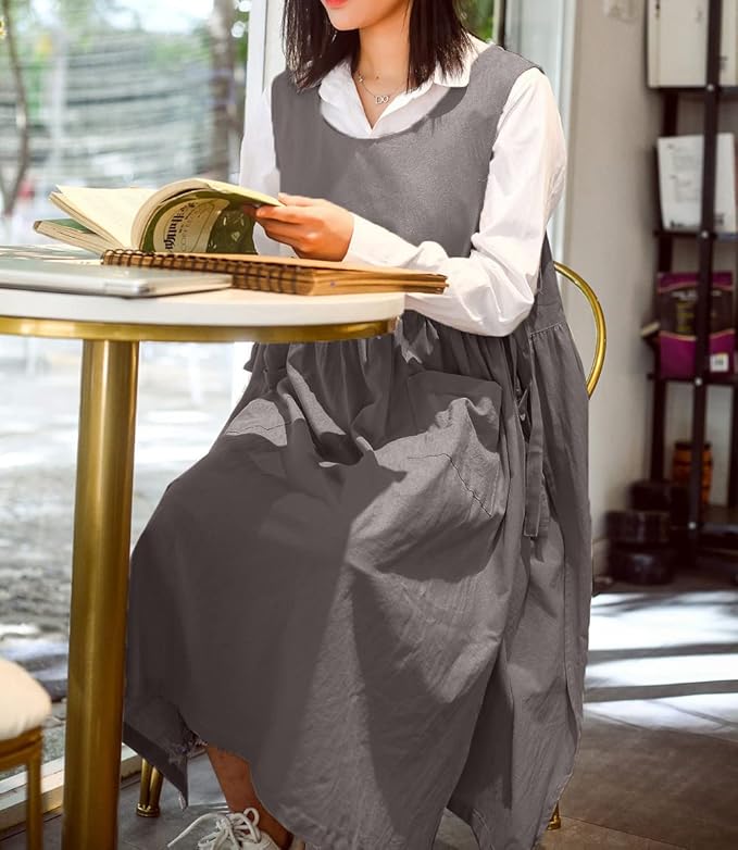 Women Plus Size Cotton Linen Vintage Pleated Split Apron Pinafore Dress with Two Pockets