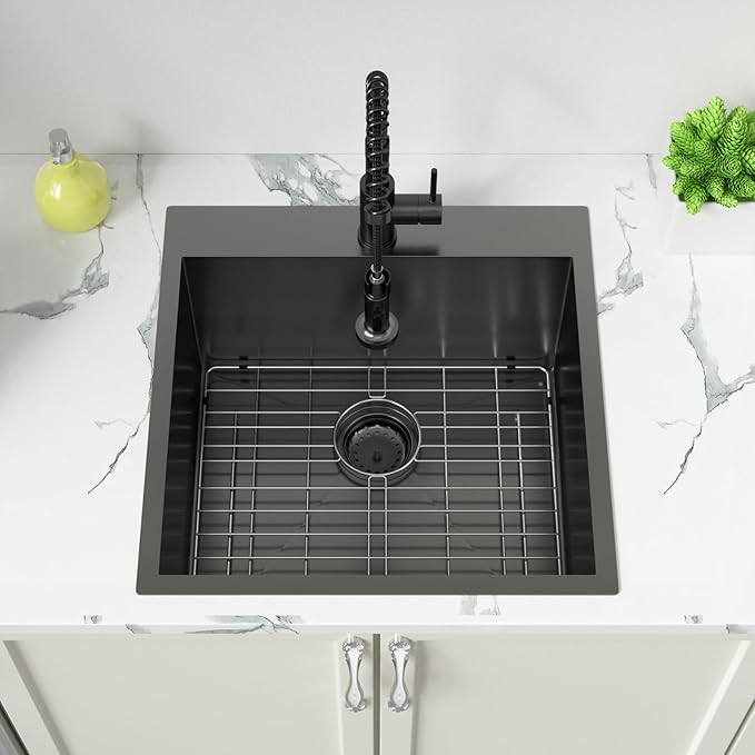 Sarlai Laundry Sink - Drop In 22"x22"x12" Deep Black Laundry Utility Sink Drop-in Topmount Single Bowl Sink 16 Gauge Stainless Steel Gunmetal Black Kitchen Laundry Room Sinks