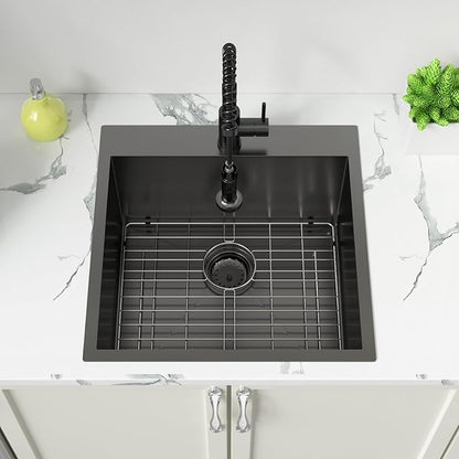 Sarlai Laundry Sink - Drop In 22"x22"x12" Deep Black Laundry Utility Sink Drop-in Topmount Single Bowl Sink 16 Gauge Stainless Steel Gunmetal Black Kitchen Laundry Room Sinks