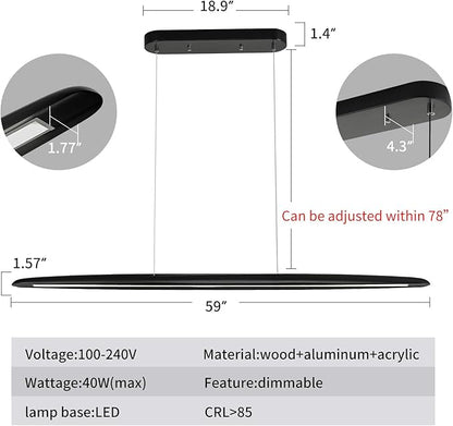 YISDESIGN 59inch Integrated Led Pendant Light 40w Dimmable Wood Black Linear Pendant Lighting Led Modern Island Light with Black Finish for Living Room Dining Room Billiard & Pool Lights