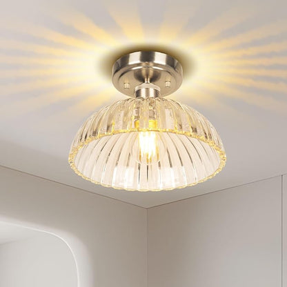 JYZ Semi Flush Mount Ceiling Light, Brushed Nickel Ceiling Light Fixture with Ribbed Glass Shade, Vintage Light fixtures for Hallway, Entryway, Bathroom, Kitchen, Bedroom