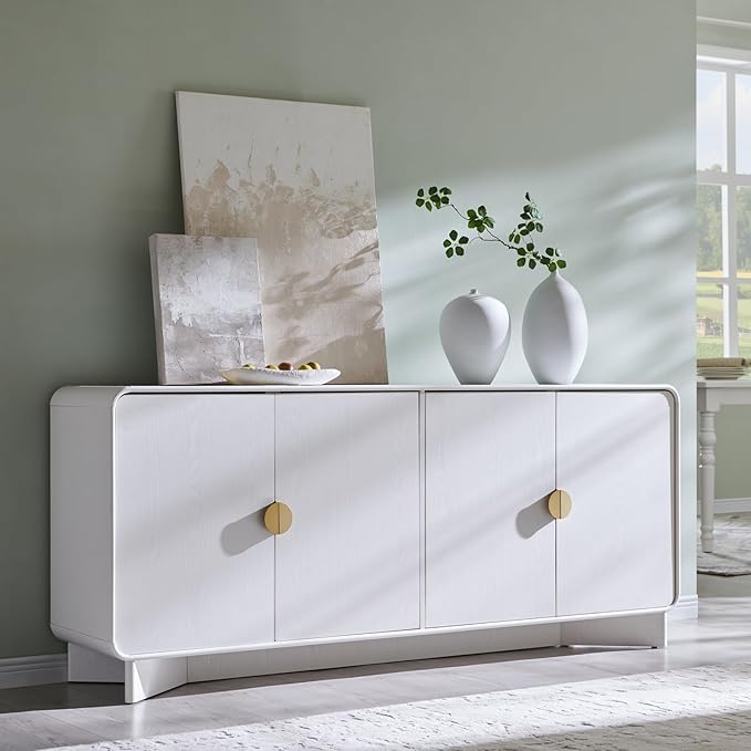 IFGET Modern Buffet Cabinet with Storage, 70" Large Sideboard Buffet Storage Cabinet with 4 Doors and Adjustable Shleves, Wooden Curved Coffee Bar for Dining Room, Kitchen, Living Room, White