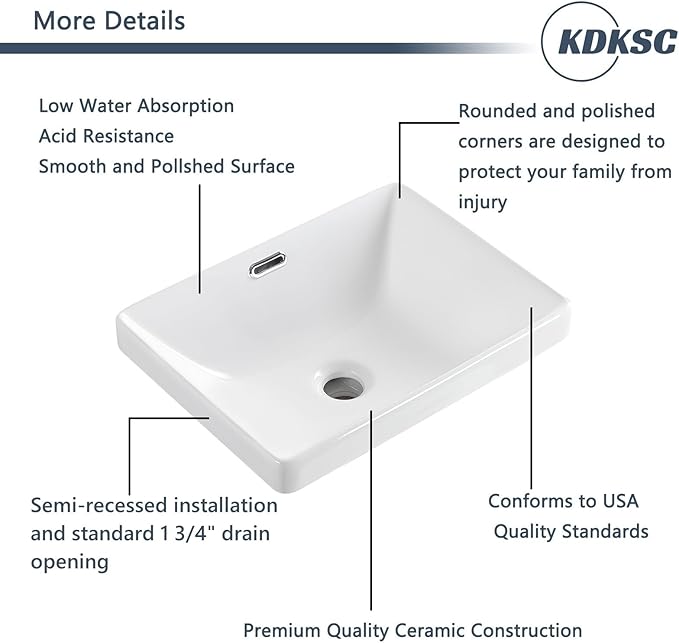 Bathroom Vessel Sink 16.7" X 12.6" Semi Recessed Bathroom Sink Rectangular Drop In Bathroom Sinks with Overflow White Ceramic Vessel Sinks for Bathroom Modern Above Counter Basin Vanity Sink