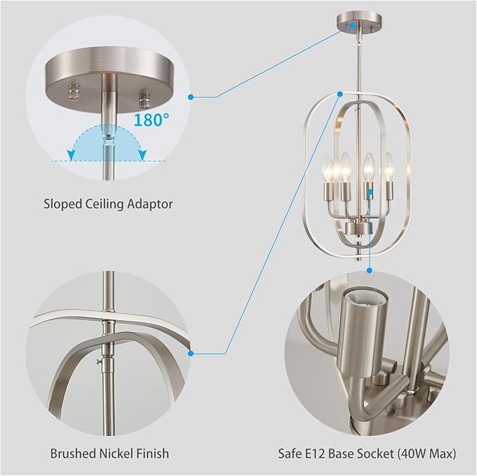 XINGQI 12.2" Modern Brushed Nickel Chandelier Farmhouse 4-Light for Dining Room Small Geometric Adjustable Rustic Pendant Lighting Fixture for Entryway Living Room Kitchen Foyer