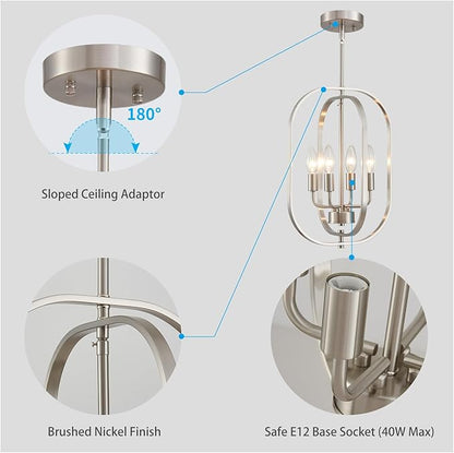 XINGQI 12.2" Modern Brushed Nickel Chandelier Farmhouse 4-Light for Dining Room Small Geometric Adjustable Rustic Pendant Lighting Fixture for Entryway Living Room Kitchen Foyer