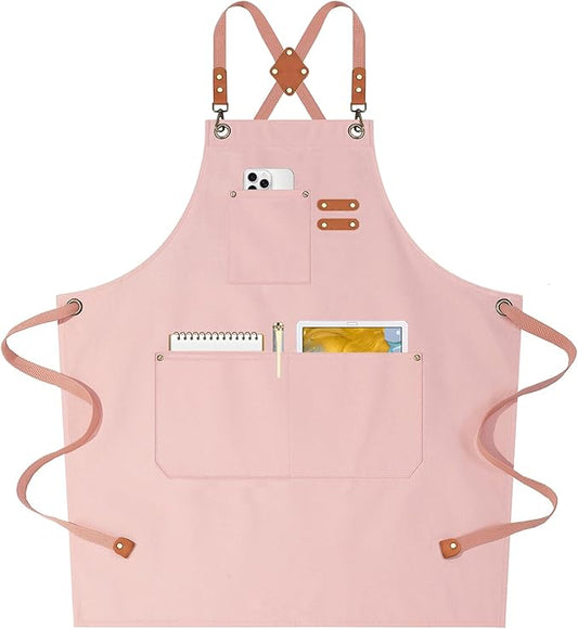 AFUN Chef Aprons for Women Men with Oversized Pockets, 12-Ounce Cotton Canvas Cross Back Water Repellent Apron (Light Pink)