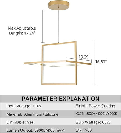Modern LED Chandelier Led Pendant Light Square Contemporary Chandelier Hanging Light Dimmable for Living Room, Dining Room, Bedroom, Kitchen, Stydy Room 65W 3000K/4000K/6000K (Glod)
