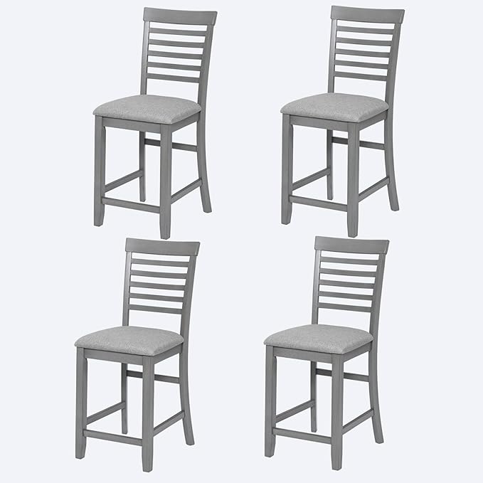 Counter Height Dining Chairs Set of 4, Gray Wooden Bar Stools with Ergonomic Ladder Back & Padded Linen Seat, Kitchen Chairs for Dining Room, Living Room
