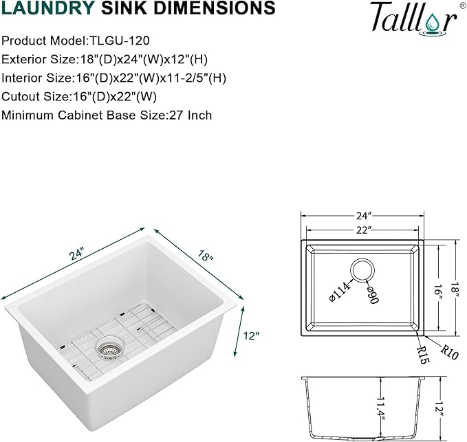 12" Deep White Laundry Utility Sink - 24"x18"x12" Granite Composite Undermount Laundry Sink White Quartz Classic Under Counter Single Bowl Extra Deep Sinks #TLGU-120