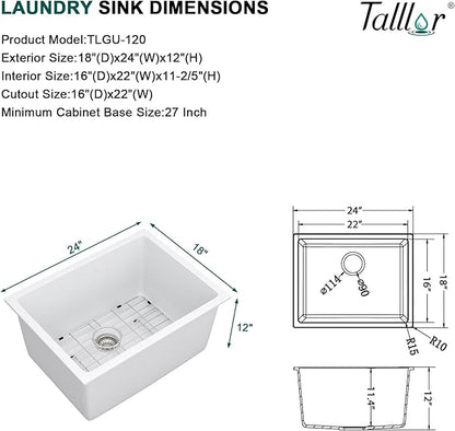 12" Deep White Laundry Utility Sink - 24"x18"x12" Granite Composite Undermount Laundry Sink White Quartz Classic Under Counter Single Bowl Extra Deep Sinks #TLGU-120