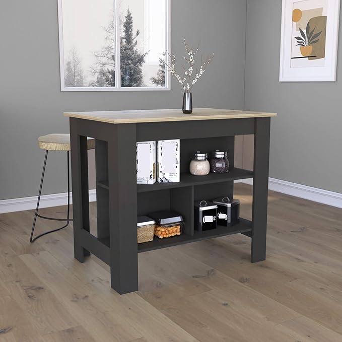 Kitchen Island Kitchen Table 35" H Four Legs with 3 Open Storage Shelves Wide Top for Meal Prep Spacious Leg Room Practical(Natural Black)