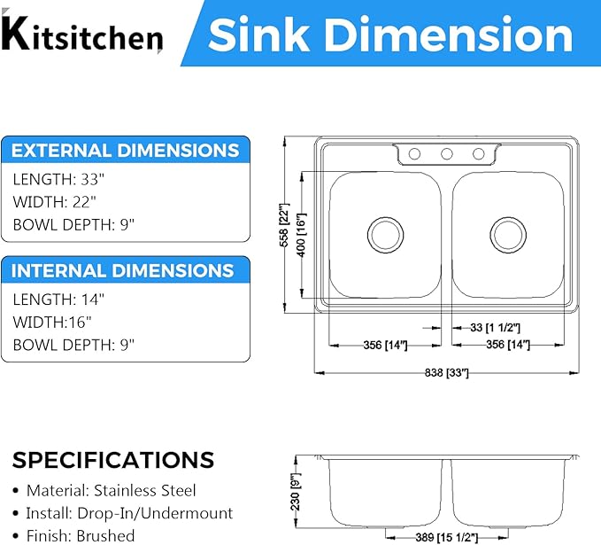 Kitsitchen 33x22-Inch Drop-in Stainless Steel 50/50 Double Bowl Kitchen Sink with Strainer, Top Mount Double Bowl Kitchen Sinks with 3 holes (33" X 22"X 9")
