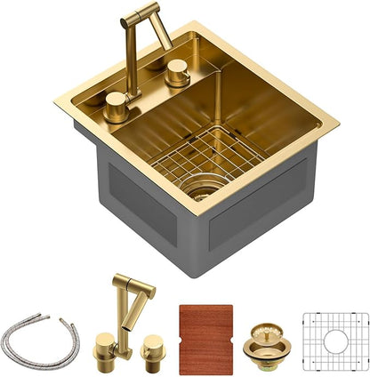 Sarlai Gold Undermount Bar Sink - 15x17 Inch Outdoor Kitchen Sink RV Workstation Gold 16 Gauge Stainless Steel Single Bowl Handmade Outdoor BBQ Sinks With Foldable Faucet
