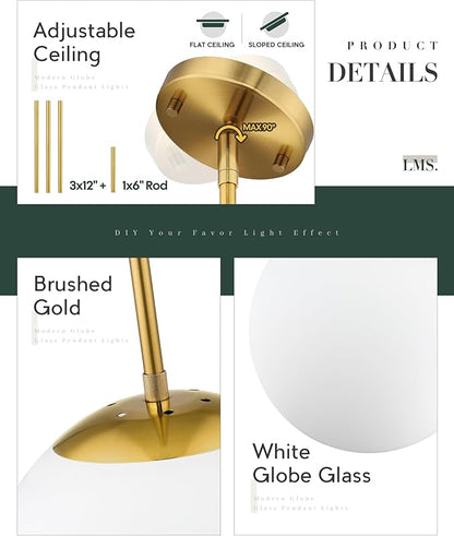 LMS 10 Inch Globe Pendant Lights, Brushed Gold Mid Century Kitchen Island Light Fixtures with White Globe Glass Shade, Adjustable Hanging Rod, Dining Room Kitchen, LMS-186PL-BGW-10