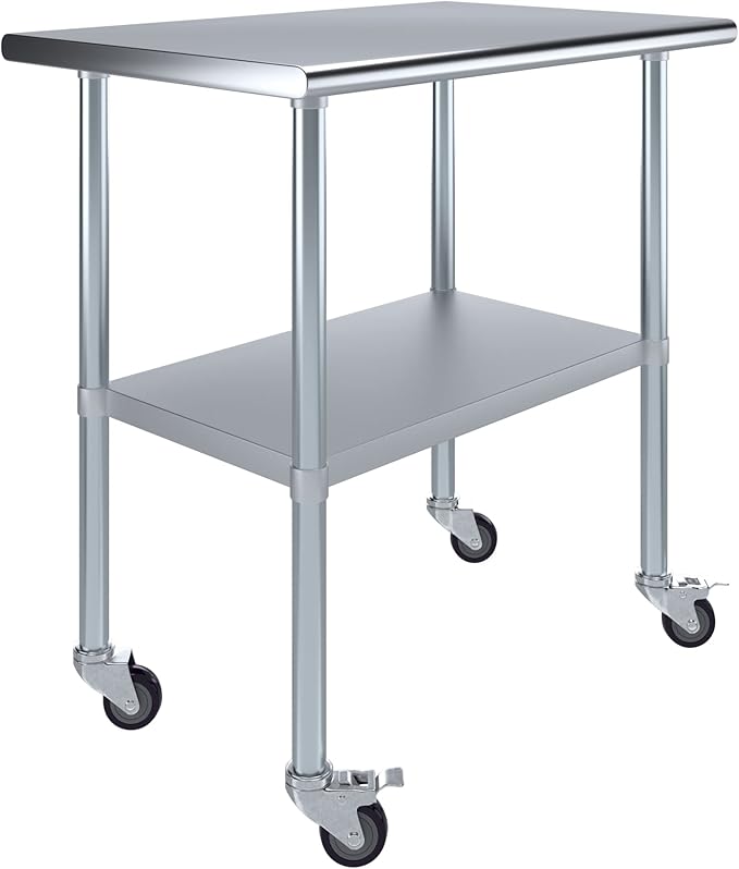 Stainless Steel Work Table with Wheels | NSF Kitchen Island Food Prep | Laundry Garage Utility Bench (Table + Wheels, 36" Long x 24" Deep)