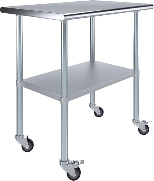 Stainless Steel Work Table with Wheels | NSF Kitchen Island Food Prep | Laundry Garage Utility Bench (Table + Wheels, 36" Long x 24" Deep)