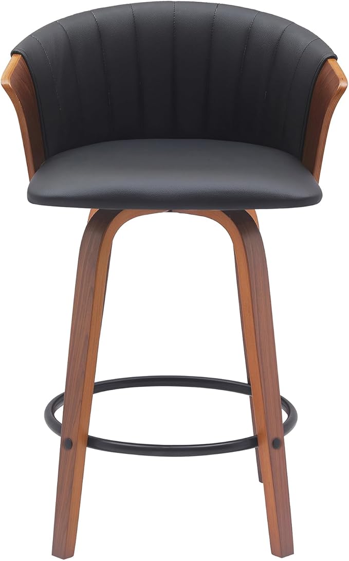 Armen Living Diana 26" Seat Height Mid Century Modern Swivel Walnut Wood Bar Stool for Kitchen Island Counter in Black Faux Leather