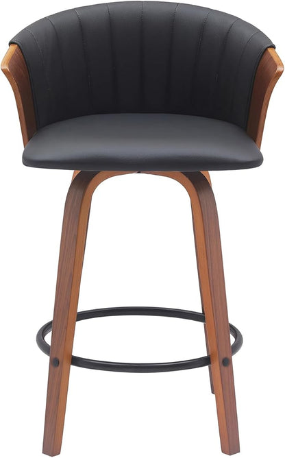 Armen Living Diana 26" Seat Height Mid Century Modern Swivel Walnut Wood Bar Stool for Kitchen Island Counter in Black Faux Leather