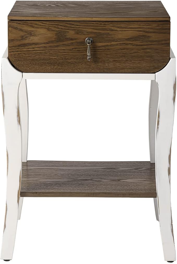 SUNBURY Set of 2 Nightstands with Drawers & Open Storage Shelves, Vintage Wood Grain Bedside Tables for Living Room, Bedroom, Office, and Corners (Rustic Brown & White)