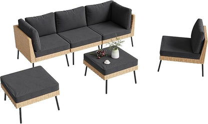 Aoxun 6-Piece Patio Furniture Set, Wicker Outdoor Furniture with Water Resistant Thick Cushions, Patio Conversation Set Outdoor Sectional Sofa with Coffee Table for Backyard Poolside, Black