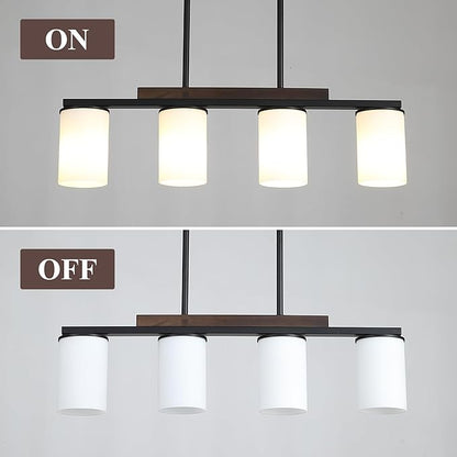 Mecgirn Farmhouse Dining Room Light Fixtures Over Table, Black Pendant Lights for Kitchen Island with Milk Glass Shade, 4 Light Linear Chandelier Lighting with Wood