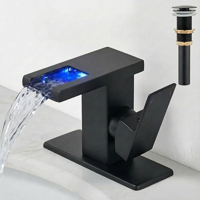 AVSIILE LED Bathroom Sink Faucet, Matte Black Waterfall Single Hole Handle Vanity Faucets for Sinks 1 Hole with Metal Pop Up Drain and 2 Water Supply Lines, Side Handle