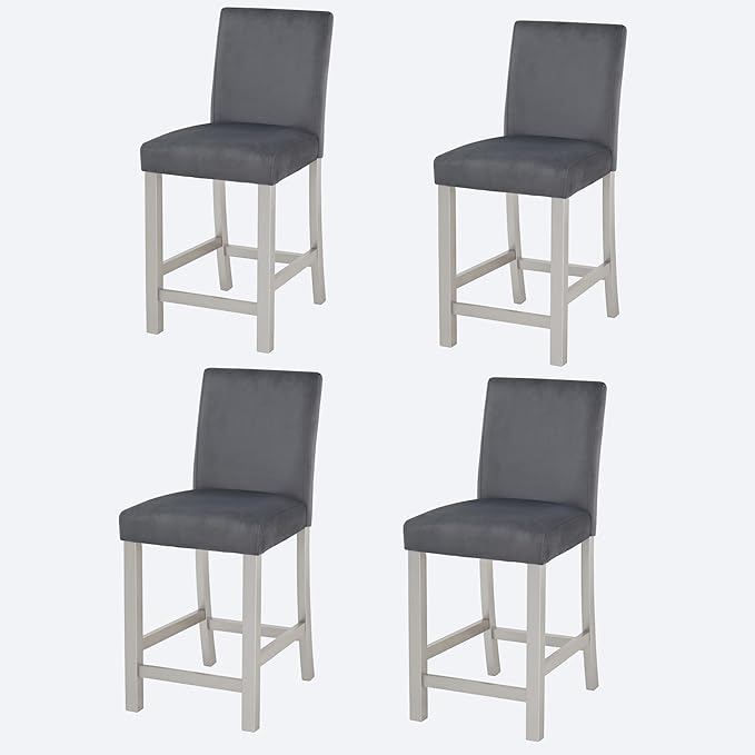 Counter Height Chairs for 4: 330 LBS Solid Wood Barstools - Ergonomic High Back Support for Kitchen Island & Dining Room - Silver Grey Upholstered Set