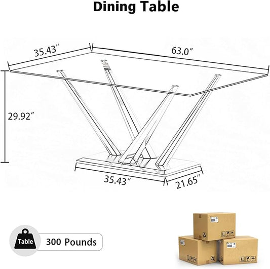 63'' Rectangular Glass Dining Table for 4-6, Luxury Kitchen Table with Tempered Glass and Aesthetic Gold Stainless Steel Base, Modern Dinner Table for Home, Apartment