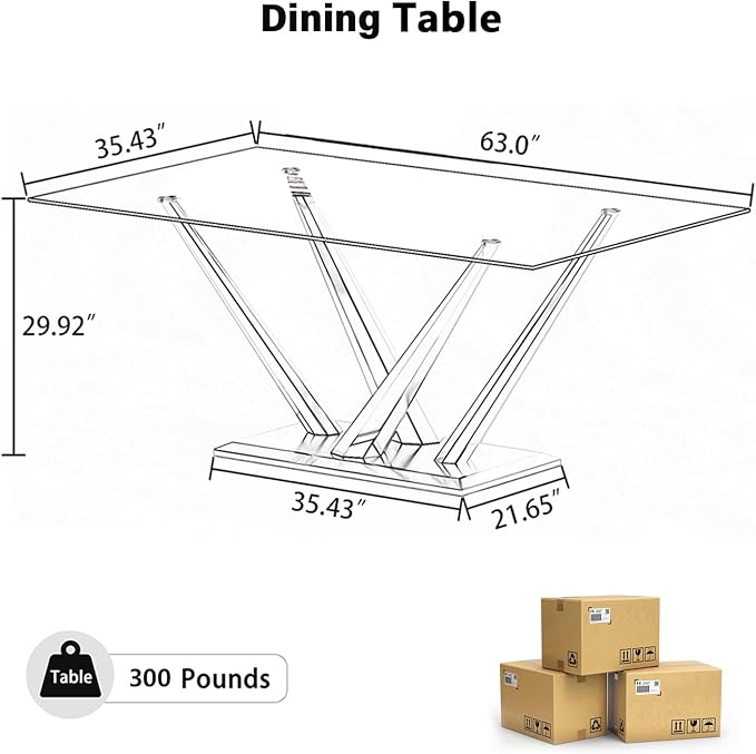 63'' Rectangular Glass Dining Table for 4-6, Luxury Kitchen Table with Tempered Glass and Aesthetic Silver Stainless Steel Base, Modern Dinner Table for Home, Apartment