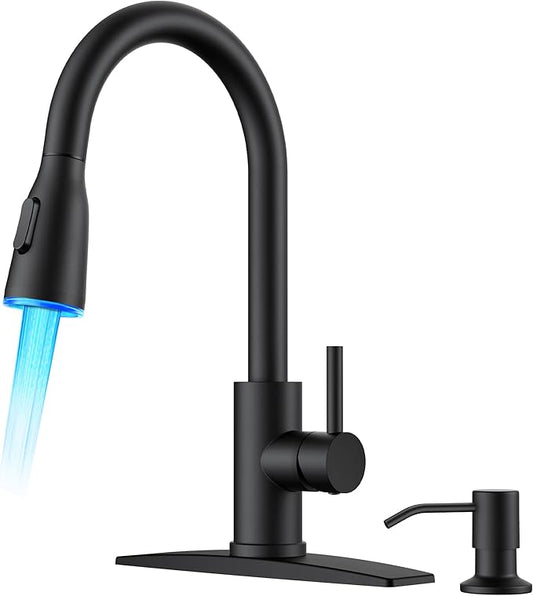 FORIOUS LED Kitchen Faucet with Soap Dispenser and Pull Down Sprayer, Matte Black High Arc Single Handle 3 Modes Stainless Steel Bar Faucet for Kitchen Sink RV Laundry Camper