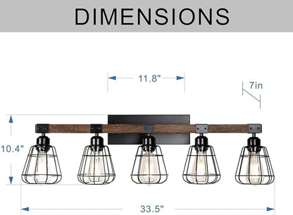5 Lights Modern Wall Lighting Over Mirror,Bathroom Vanity Light Fixtures,Farmhouse Black Wood Metal Cage Industrial Wall Sconce