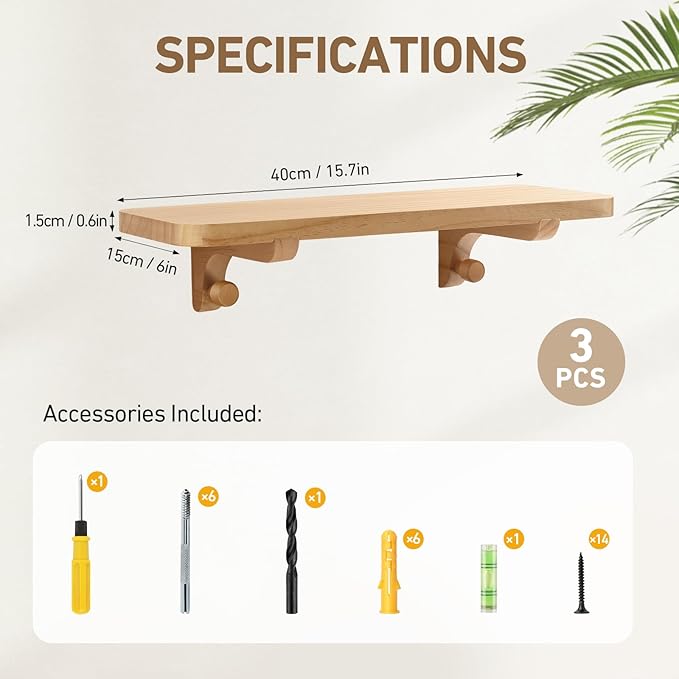 Wooden Floating Shelves for Wall, 15.7" W x 6" D x 0.6" H Large Wall Shelves, Hanging Storage Shelf with Hooks for Living Room, Kitchen, Bathroom, Bedroom Decor, Natural, 3 Packs