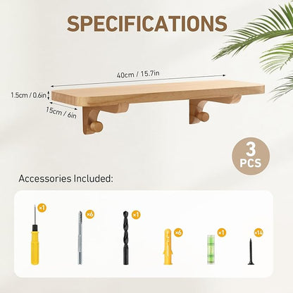 Wooden Floating Shelves for Wall, 15.7" W x 6" D x 0.6" H Large Wall Shelves, Hanging Storage Shelf with Hooks for Living Room, Kitchen, Bathroom, Bedroom Decor, Natural, 3 Packs