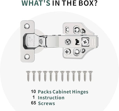 10 Pack Half Overlay Soft Close Cabinet Hinges 105° Frameless 3 Way Adjustable Soft Close Hinges for Cabinet Doors Kitchen Cabinet Door Hinges with Screws