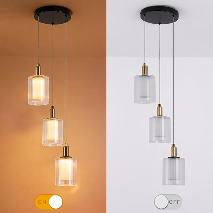 3-Light Modern Pendant Light, Black and Gold Cluster Chandelier with Ribbed Glass Shades, 18W Integrated LED 3000K Warm White, Adjustable Hanging Fixture for Kitchen Island Dining Room Stairway