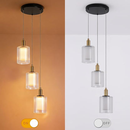 3-Light Modern Pendant Light, Black and Gold Cluster Chandelier with Ribbed Glass Shades, 18W Integrated LED 3000K Warm White, Adjustable Hanging Fixture for Kitchen Island Dining Room Stairway