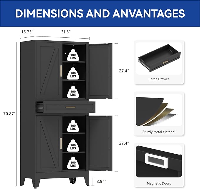 COFaR 71 in Tall Kitchen Pantry Cabinet with Drawer, Metal Pantry Storage Cabinet with 4 Adjustable Shelves and 4 Barn Doors, Freestanding Farmhouse Food Cupboard for Dining Room Garage, Black 6-Tier