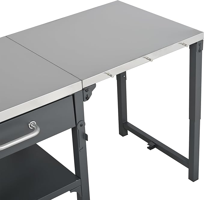 JIJIWANG 54.7" Outdoor Kitchen Island with Stainless Steel Top and Foldable Table, Kitchen Island with Drawer and Shelf, BBQ Cart with Wheels for Backyard Patio Gray