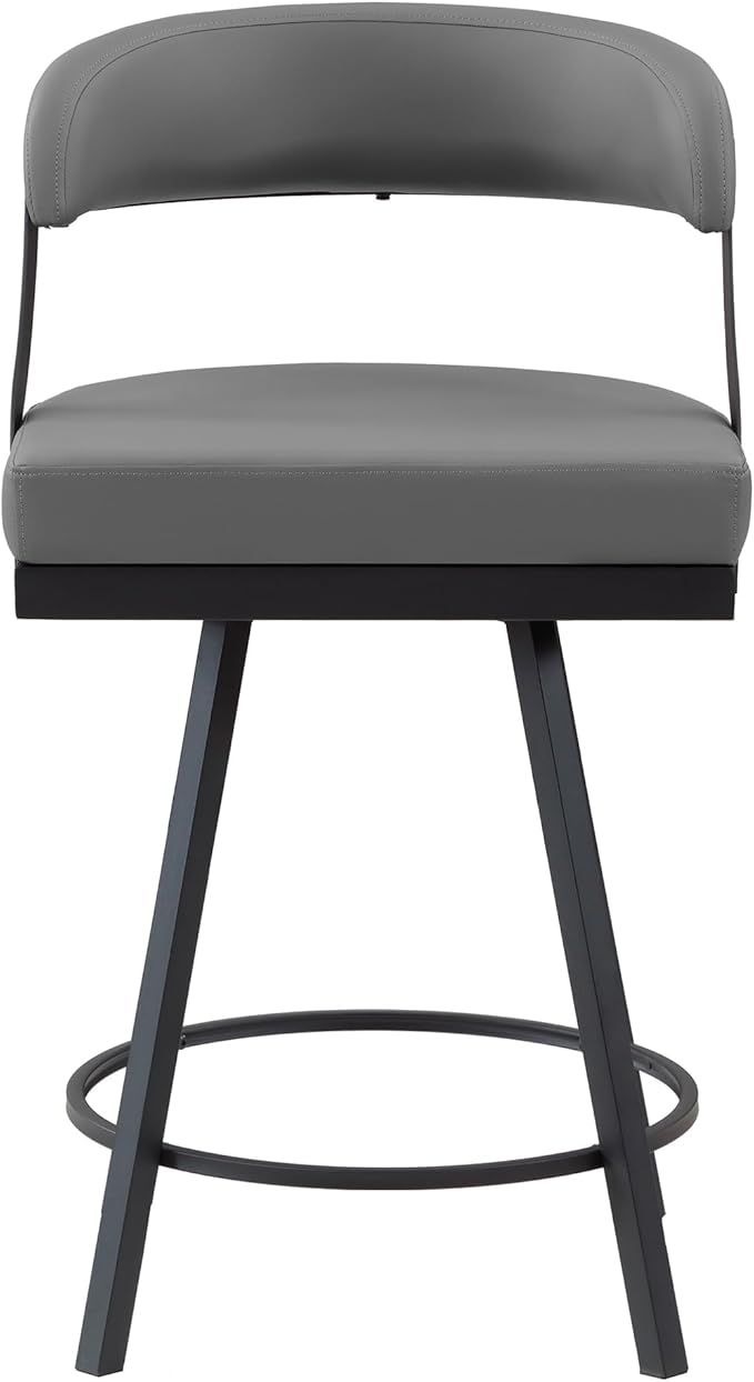 Lexicon Swivel Counter Height Stools Set of 2 - Counter Height Stools for Kitchen Island, Padded Seat, Open Back, Sturdy Black Metal Frame Finish and Grey Faux Leather Cushion Seat, Grey