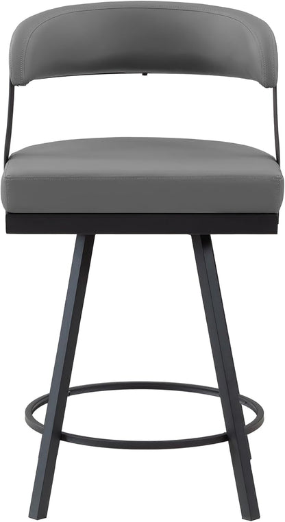 Lexicon Swivel Counter Height Stools Set of 2 - Counter Height Stools for Kitchen Island, Padded Seat, Open Back, Sturdy Black Metal Frame Finish and Grey Faux Leather Cushion Seat, Grey