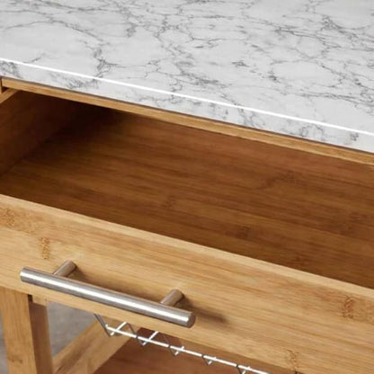 Boraam Aya Bamboo Kitchen Cart with Faux Marble Top